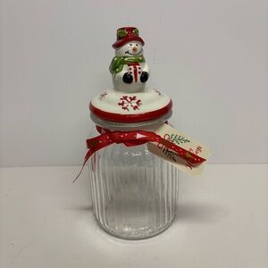 Festive Snowman Holiday Jar with Red Accents Holiday Decor NWT